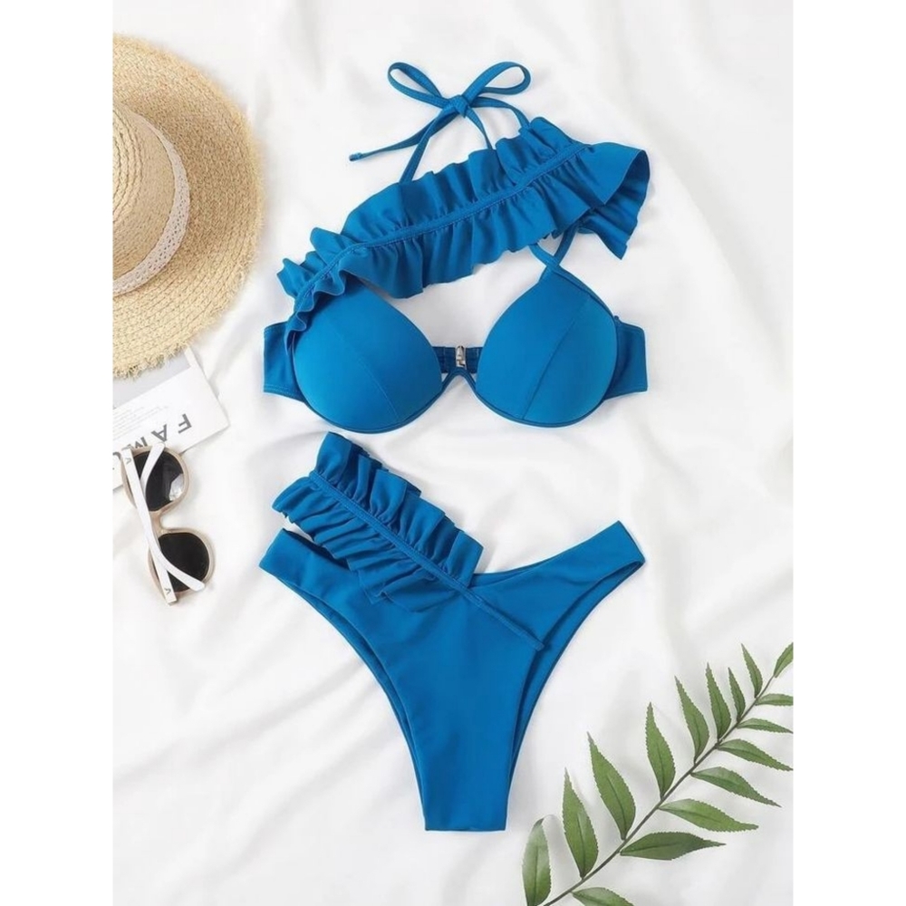 Blue Halter Neck Ruffled Bikini